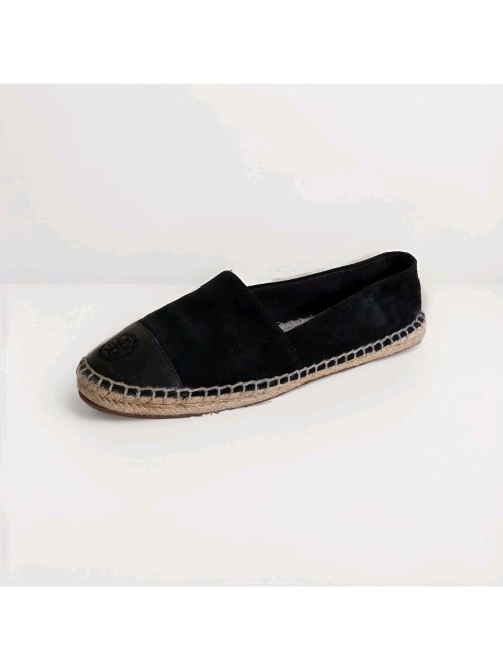 Tory Burch Espadrille Flats Shoes Women 8M Black Suede Leather Cap Toe Double T